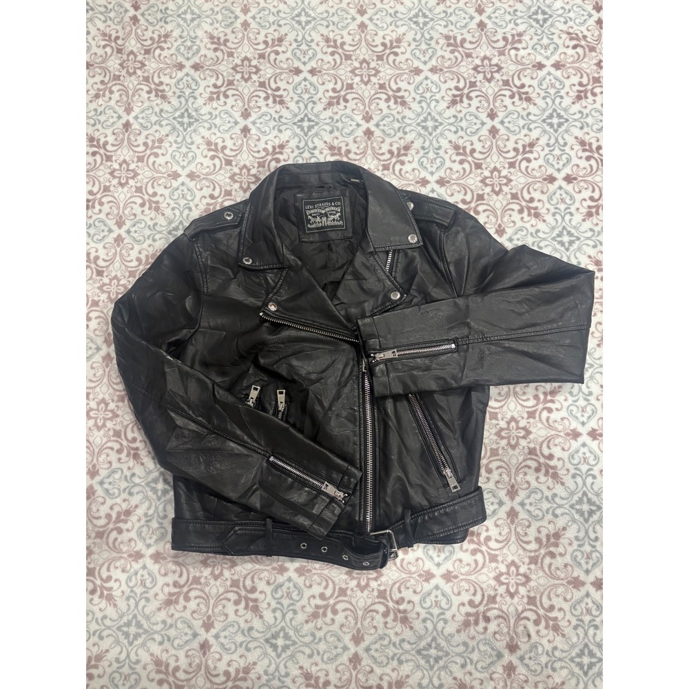 Levis Black Faux Leather Moto Biker Jacket Belted Asymmetrical Zip Large